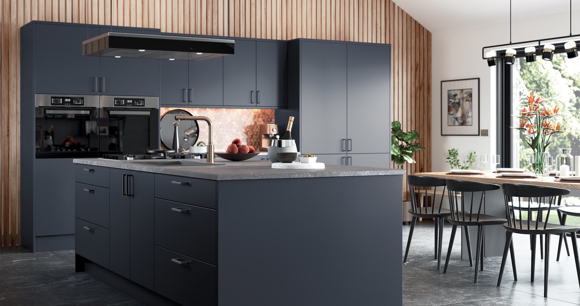 Blue modern kitchen with handles