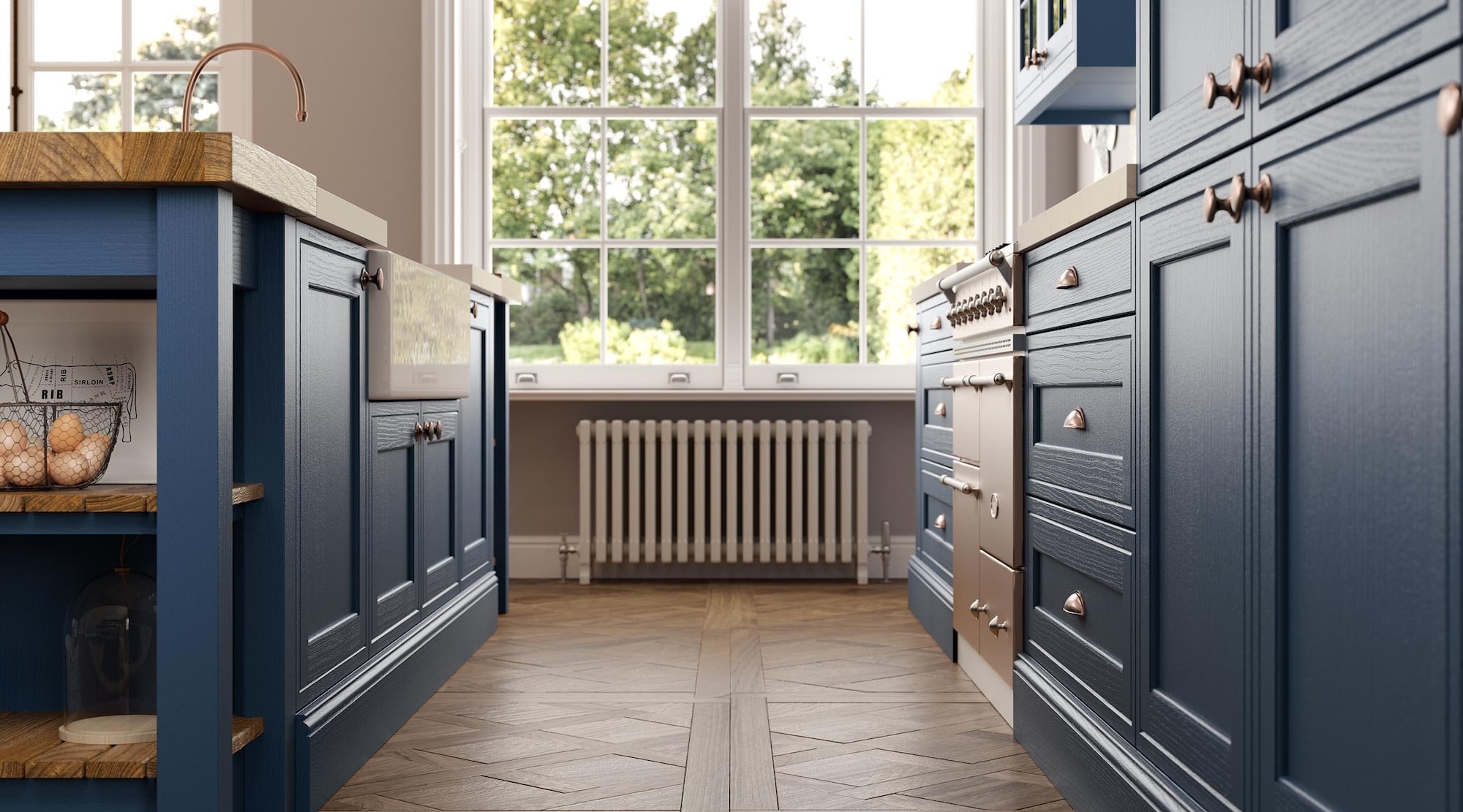 Blue bespoke kitchen close-up