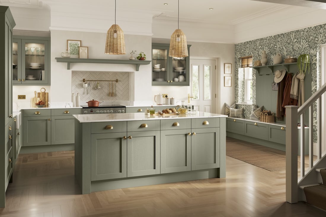 green luxury Shaker kitchen with island