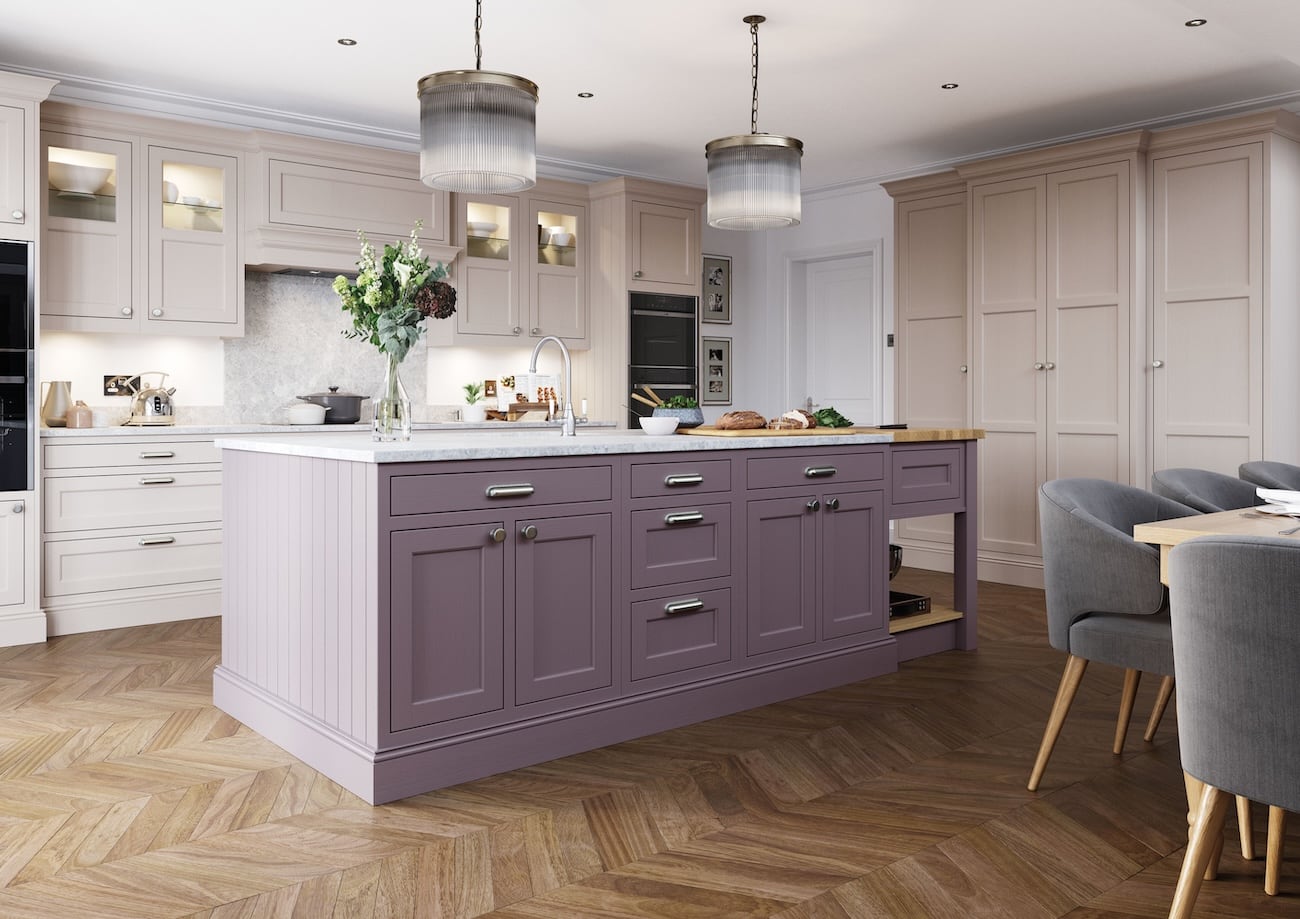 Grey and lavender in-frame kitchen with island