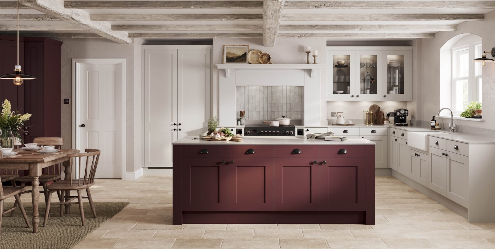 red and white bespoke shaker kitchen with island