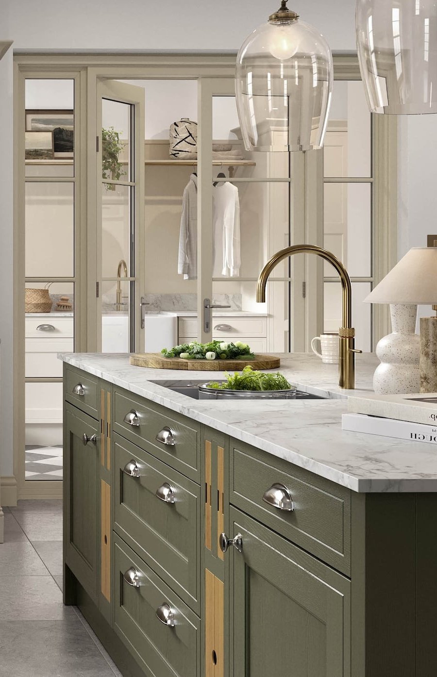 Grey and green in-frame kitchen island